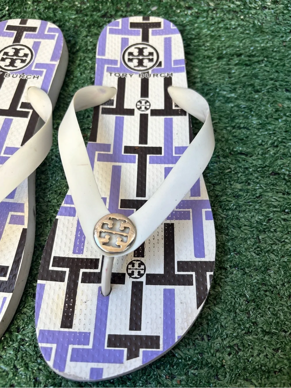 Tory Burch Flip Flop Sandals in White, Purple & Black